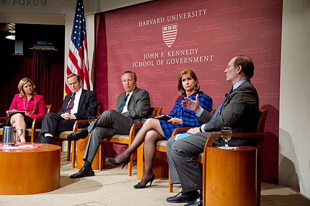 Companies have shifted their responsibility to shareholders above consumers and have spent more time appealing to Washington than to the public, said Benjamin W. Heineman (far right). The forum event, “Is America Working? What Business and Government Can Do,” brought together a group of experts in business and government, including Nina Easton (from left), Roger Porter, Lawrence Summers, Paula Dobriansky, and Heineman.