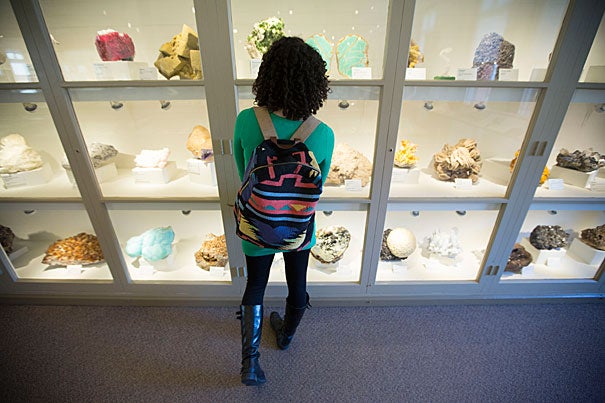 A viewer checks out the newly renovated Earth and Planetary Sciences gallery at the Harvard Museum of Natural History.