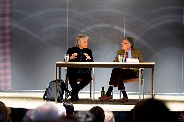 Asked by Howard Gardner (right) what had surprised him most about his career, Steven Pinker said he hadn’t expected to cover such a variety of topics. “I’m more of a magpie, trying to select ideas that I think are worth defending,” he said. 
