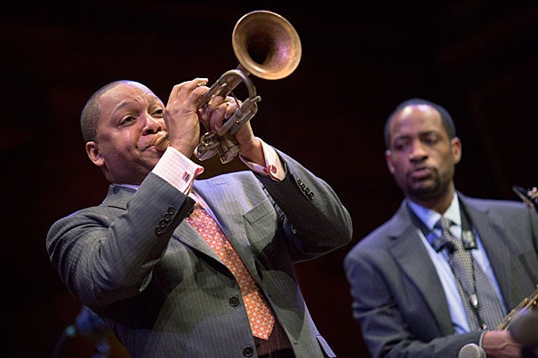 Wynton Marsalis returned to Harvard to continue his two-year lecture series. He opened the evening by playing a piece that he had written earlier that day to commemorate the city’s, and the country’s, anguish over the bombings. “Sometimes the expression of grief is such a heavy feeling that only playing will suffice,” said Marsalis.