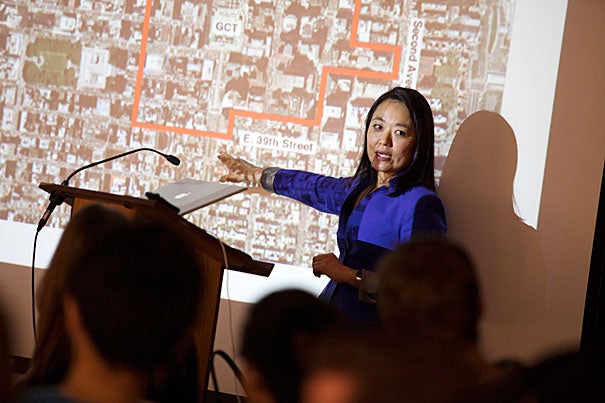 During a talk at the Graduate School of Design, Director of the Manhattan office of the New York City Department of City Planning Edith Hsu-Chen, M.U.P. '97, described a plan to revamp a 70-block area around Grand Central Station to allow for structures twice as tall. 

