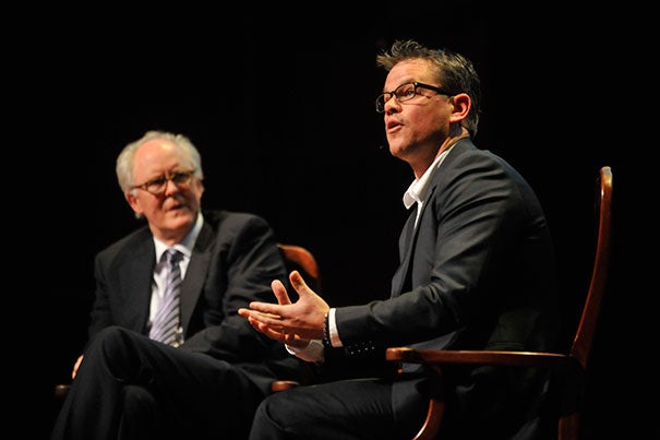 Actors Matt Damon (right) and John Lithgow ’67 had a spirited discussion at Sanders Theatre about their craft during a session that kicked off Arts First, the University’s annual spring celebration of the arts. Damon is this year’s recipient of the Harvard Arts Medal.