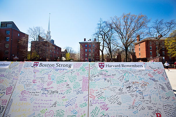 Twenty stark whiteboards with the words “Boston Strong” and “Harvard Remembers” bannered across their tops appeared in the newly renovated plaza near the Science Center. 