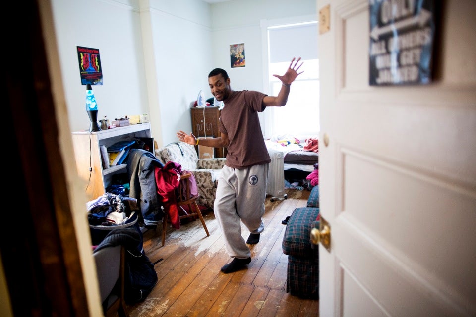 Malik Knox ’13 loves having a lot of space in his room for friends to visit. With his busy schedule — the sociology concentrator from Baltimore dedicates a lot of time to theater and dance — he doesn't have a lot of time to decorate. Malik’s favorite thing is the lava lamp he found in the basement of the co-op: “It’s my friend that I go to sleep with.”