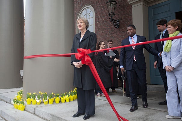 “This week, more than ever, we have recognized the force, strength, and necessity of community,” said President Drew Faust during the opening of a new common space called the Porch, formerly known as the steps of the Memorial Church.