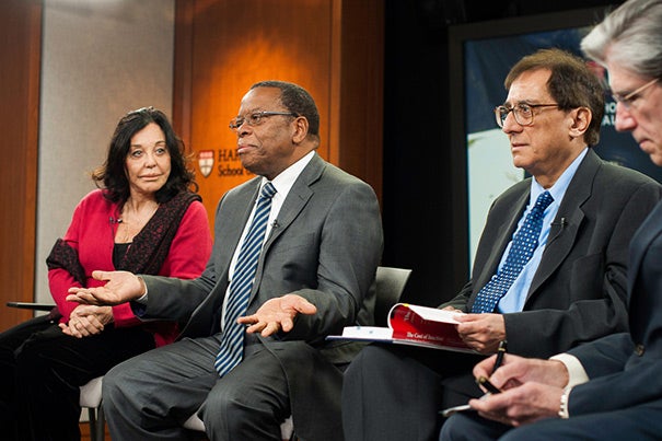 Speaking at The Forum at Harvard School of Public Health, Countess Albina du Boisrouvray (from left), Timothy Thahane, Sudhir Anand, and Julio Frenk discussed childbirth as an area bypassed by recent efforts to improve health outcomes among children.