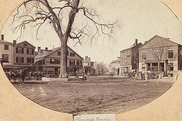 Harvard Square, looking south, circa 1860, albumen print. At left-center is Farwell’s general store, built around 1800, and to the right, on the site of the present-day Harvard Coop, is Lyceum Hall. In the foreground, barely visible, are the rails of a horse-drawn streetcar line, Union Railway, which opened in 1854.