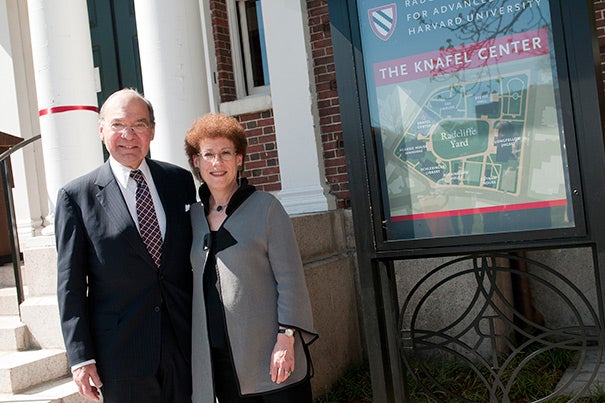 Sidney R. Knafel (left) joined Radcliffe Dean Lizabeth Cohen to announce the renaming of the Radcliffe Gymnasium to the Knafel Center. “It’s a pretty simple proposition for me,” Knafel said of his generosity to and involvement with the institute. “A stronger Radcliffe contributes to a stronger Harvard."