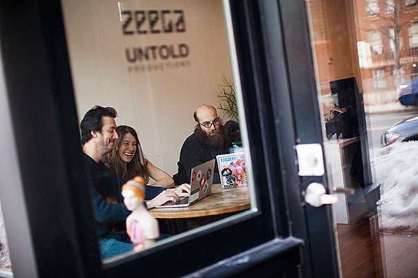 A crop of new classroom and learning spaces across the University is helping to transform teaching and learning, while serving as important models of collaboration. One such collaboration resulted in Zeega, a software platform and social network devoted to digital storytelling. James Burns (from left), Kara Oehler, and Jesse Shapins are co-founders of the software platform. 