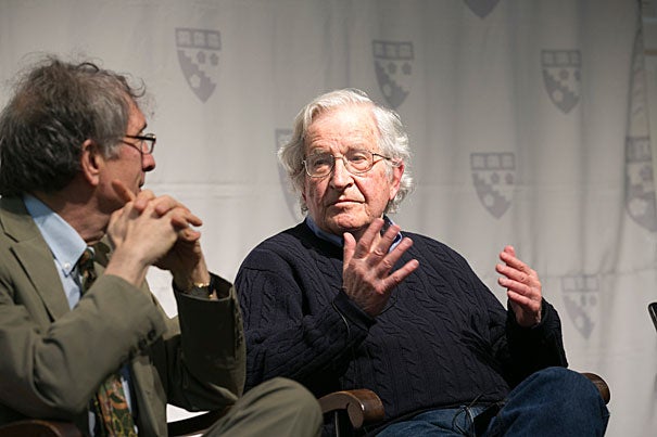 Noam Chomsky (right) was joined by Hobbs Professor of Cognition and Education Howard Gardner at the Harvard Graduate School of Education. Chomsky spoke on the legacy of the radical Brazilian educator Paulo Freire.