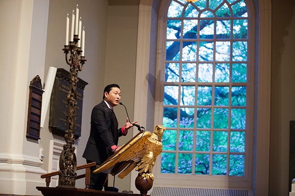 The Korea Institute at Harvard University sponsored “A Conversation with Psy” for a packed audience of Harvard students, staff, and faculty and the international press at the Memorial Church.