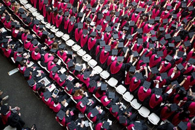 At Morning Exercises, chairs in Tercentenary Theatre filled quickly as the graduates readied for Harvard's 362nd Commencement.