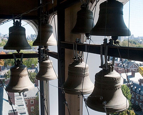 The bells in Lowell House tower are among those rung throughout Cambridge to signify that Morning Exercises have finished.