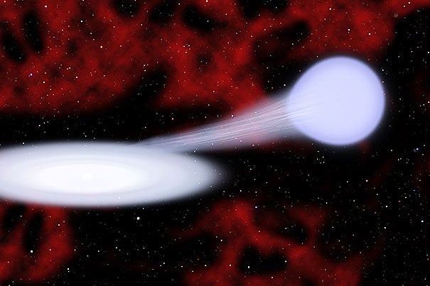 An artist’s conception shows an EX Hydrae or a normal star (right) and a white dwarf (left, at center of disk). Using the Ex Hydrae as the target, the data gathered was put into a program and converted into musical notes.