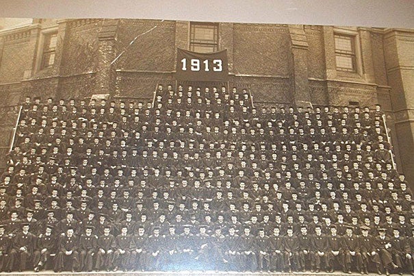 The Class of 1913 assembled on the Kirkland Street side of Memorial Hall for a class portrait. Among the June 19 graduates were editor and art collector Scofield Thayer, Eleanor Roosevelt’s youngest brother, and a 14-year-old from Turkey-in-Asia. About 65 percent of the class — 375 students — served during World War I. 