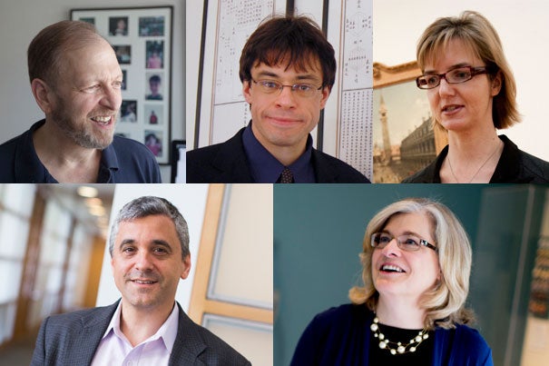 The five faculty to be honored with the prestigious title Harvard College Professor include Joseph D. Harris (clockwise from top left), Michael Puett, Jennifer L. Roberts, Maryellen Ruvolo, and Steven R. Levitsky.