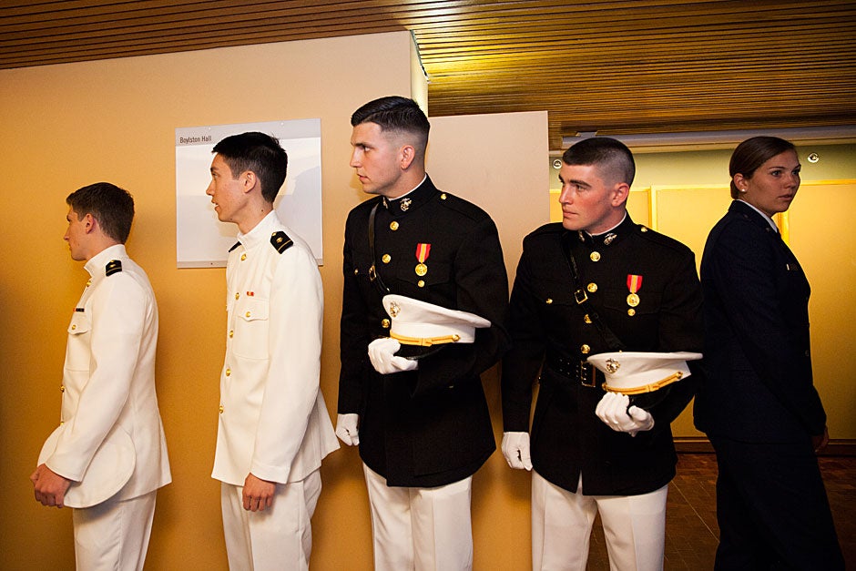 Colin Dickinson (from left), Christian Yoo, Gavin Pascarella, Brian Furey, and Courtney Diekema are pictured before the ROTC Commissioning Ceremony inside Boylston Hall. Stephanie Mitchell/Harvard Staff Photographer