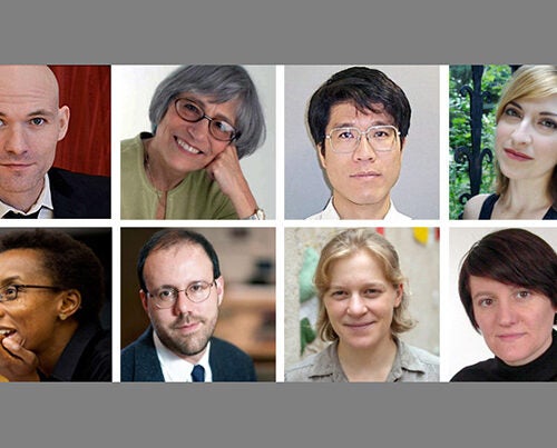 Sean Graney (top row, from left), Linda Gordon, Tadashi Tokieda, Julie Orringer, Claudine Gay (bottom row, from left), Michael Kremer, Jennifer Hoffman, and Lucia Allais are among the 49 fellows selected by Radcliffe to pursue projects across the arts, humanities, sciences, and social sciences.