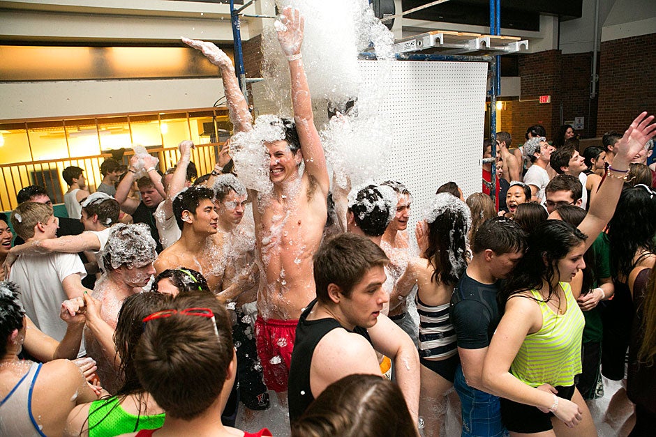 Student euphoria reaches new heights at the Mather Lather, the 11th annual foam party at Mather House. Photo by Katherine Taylor