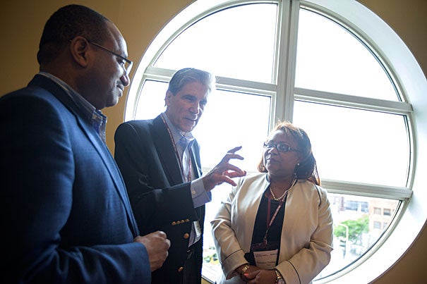 Harvard School of Public Health Dean Julio Frenk (center) met with Hussein Ali Mwinyi, the Tanzanian minister of health and social welfare, and Florence Guillaume, Haiti’s minister of public health and population, during a three-day gathering that is a key part of a broader program to enhance the effectiveness of health ministers in developing and middle-income countries.