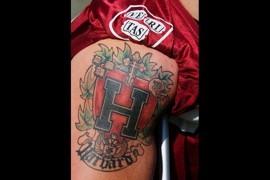 This tattoo belongs to Crimson offensive tackle Nik Sobic '07, who broke his leg the previous week against Columbia, and had to sit out the 2006 Yale game.