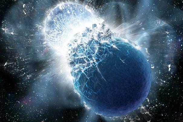 This artist's conception shows two neutron stars at the moment of collision. All Earth’s gold likely came from colliding neutron stars.