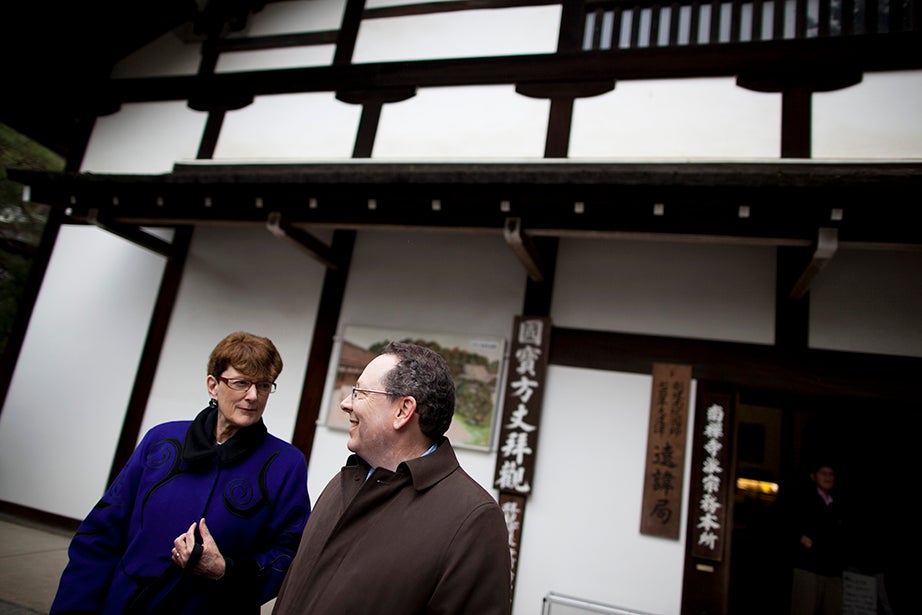 Harvard professors Susan Pharr (left) and Andrew Gordon take a cultural exploration of the shrines and temples of Kyoto.