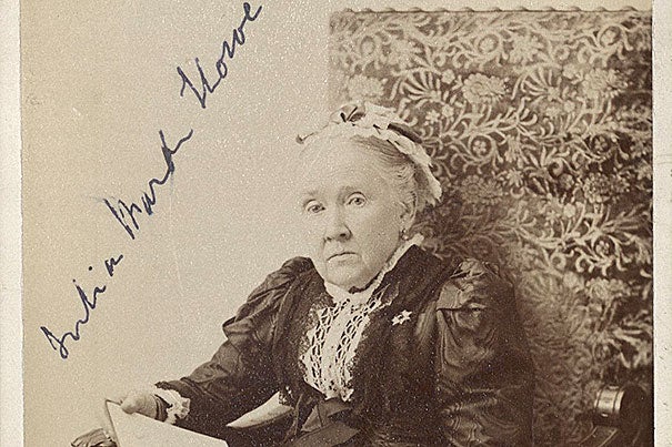 Abolitionist Julia Ward Howe, who wrote “The Battle Hymn of the Republic” in 1861, posed for this Boston portrait around 1909 (photo 1). An 1836 almanac entry noted the Aug. 1 abolition riot that rescued two fugitive slaves from a Boston courtroom (photo 2). An 1863 Currier & Ives print celebrated Boston’s 54th Massachusetts, the first regiment of northern blacks, whose service illustrated the social tumult caused by the Civil War (photo 3).