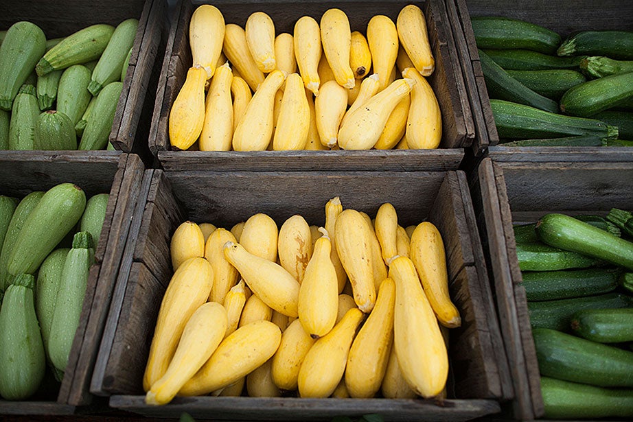 Summer squash and zucchini stand proud at the Farmers’ Market. Packed with vitamin C and potassium, they pair well in a summer stir-fry.