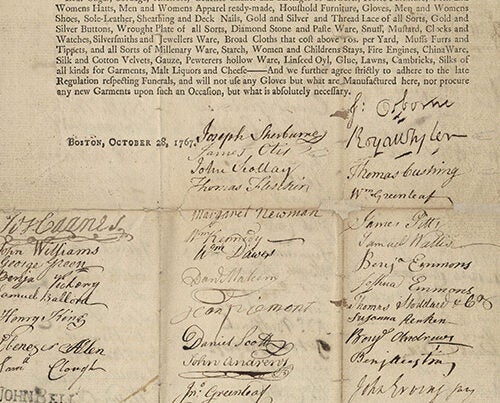 Signatures on the boycott petition included merchants such as Joseph Sherburne and Royall Tyler; soon-famous patriots like midnight rider William Dawes and — in a portrait — Bunker Hill hero Joseph Warren; and dozens of Boston's unsung future revolutionaries: women. 
