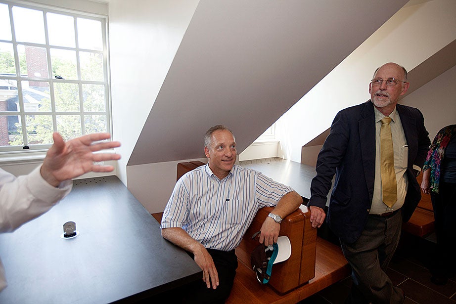 Faculty of Arts and Sciences Dean Michael D. Smith and Harvard College interim Dean Donald Pfister in newly created study alcove.