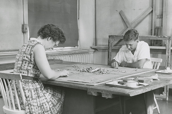 Elizabeth Jones and fellow conservation staff member John Washeba at work in the Fogg’s conservation lab, c. 1950.