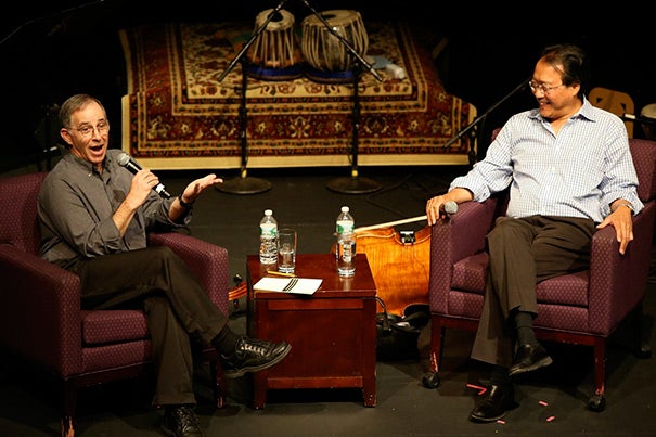 Harvard's Steve Seidel (left) discussed education and the arts with cellist and Silk Road Project founder Yo-Yo Ma during the Wednesday kickoff of a three-day program called “The Arts and Passion-Driven Learning.” On Thursday morning, Seidel addressed 100 educators, asking them to “learn with and learn from each other” and be open to new approaches. The event was organized in collaboration with the Harvard Graduate School of Education  and the Silk Road Project.