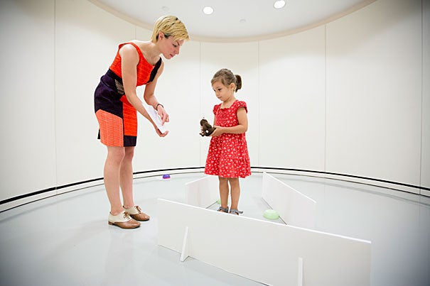 Previous research has shown that young children and animals use geometric information in similar ways — to navigate environment and to recognize shapes. Harvard graduate student Moira Dillon worked with children of varying ages, including 4-year-old Helga Boros, to investigate her research. “If they were presented with a room that only had sides, they used the distance information to navigate, and when they were presented with a room that only had corners, they used the angle information they use to recognize shapes.” 