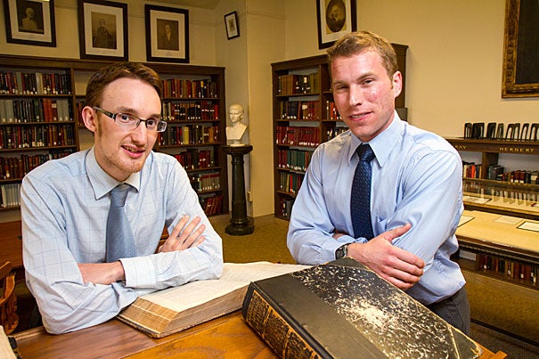 Last year, Ph.D. student Stuart M. McManus (left) discovered a poem by Benjamin Larnell, the last Native American student at Harvard in the colonial era. Larnell’s poem is most interesting for what it signifies, said Tom Keeline, a scholar of Latin pedagogy: “that American Indians were trained in exactly the same way as colonial Puritans.”