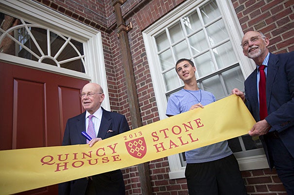 Bob Beal '63 (from left), Quincy House resident Landen Straub, and interim Dean of Harvard College Donald Pfister did a traditional ribbon cutting to mark the opening of Stone Hall (photos 1 and 2). Also present at the ceremony were former Harvard President Derek Bok (from left), Professor Henry Rosovsky, and FAS Dean Michael D. Smith (photo 3).