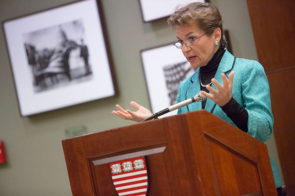 Christiana Figueres, executive secretary of the U.N. Framework Convention on Climate Change, brought a hopeful message to the Harvard Kennedy School, citing new technology as part of the solution. Massachusetts alone, she said, has 5,500 companies employing 80,000 people already working in clean energy. 