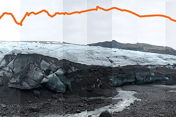 The Solheim Glacier in Iceland in February 2009. The line represents how much the glacier changed in nearly three years. Photo by James Balog/Extreme Ice Survey