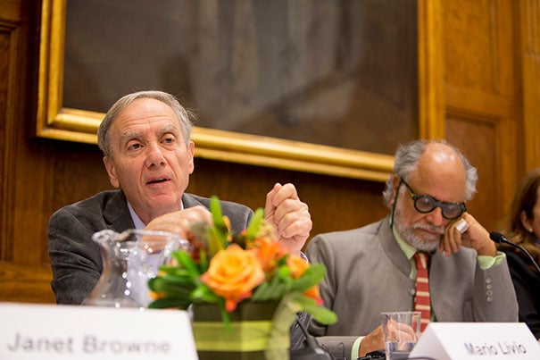 “Science is presented as a pure success story, as if it is a direct march to the truth,” said Mario Livio (left), pictured during a talk moderated by Homi Bhabha, director of the Mahindra Humanities Center. “Nothing can be further from the truth.”  