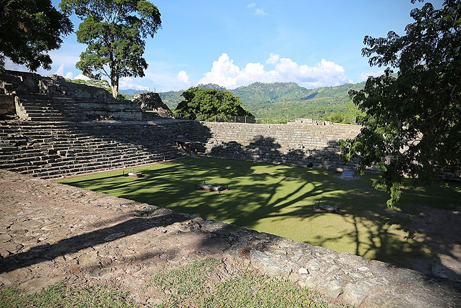 Late afternoon shadows frame the east court of the Copán acropolis.