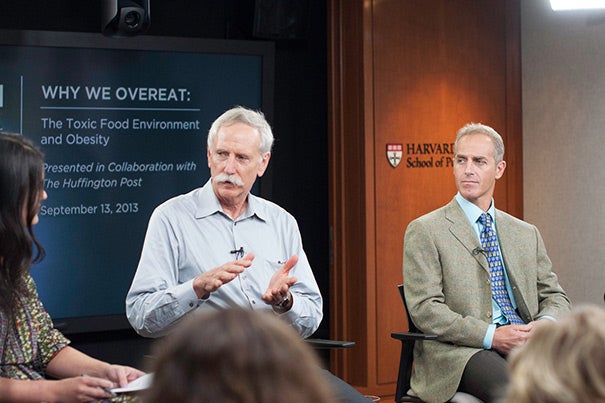 Walter Willett (center) told moderator Meredith Melnick that children are being exploited by marketing strategists.
Later, both Willett and Dariush Mozaffarian (right) rejected the idea that genetics plays a role in the growing obesity problem in America.