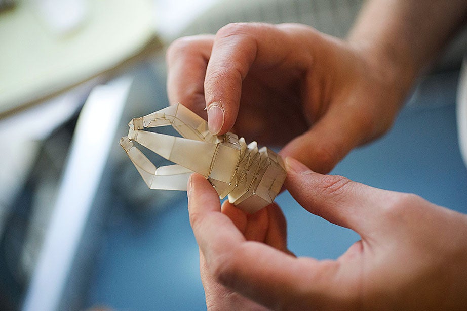 Michael Tolley works with an origami-inspired gripper folded from a single plastic sheet in the Harvard Microrobotics Lab.