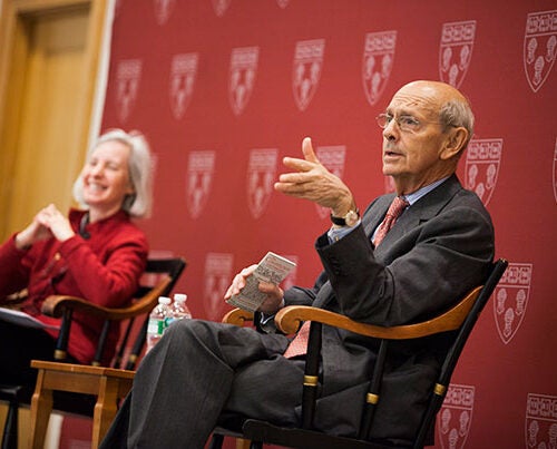 "It’s a very, very interesting job," said Associate Justice Stephen Breyer in a chat with Harvard Law School Dean Martha Minow on Tuesday. "But more than that, it matters to people, and that is a tremendous source of satisfaction if you can continuously recognize that and just do your best.”