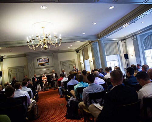 President Drew Faust welcomed veterans and active-duty service members studying at Harvard during an event at the Faculty Club (photo 1). “This is a magic opportunity here,”  said Gen. Stanley McChrystal (photo 2), who was joined by Kevin Kit Parker (from left), Kevin Sharer, and Meghan O’Sullivan (photo 3).