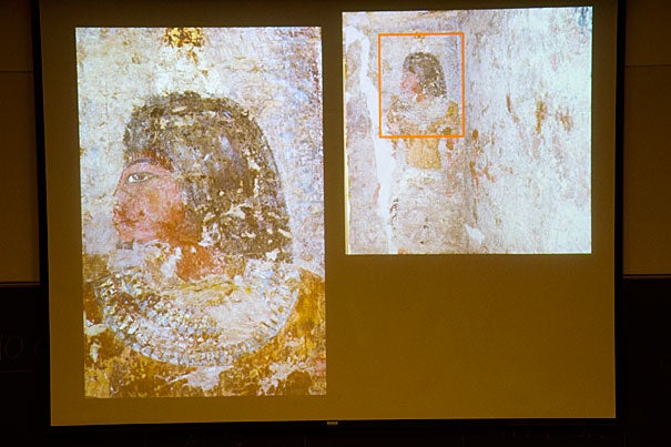It's believed that Thutmose (photo 1) was the artist behind the bust of Queen Nefertiti. This research is a testament to the academic interest of French Egyptologist Alain Zivie, who came to Harvard to present "Discovering the Egyptian Queen Nefertiti's Artist: The Tomb of Thutmose at Saqqara" (photo 2). Zivie discovered Thutmose’s presumptive tomb in 1996, which is depicted in a rendering (photo 3).