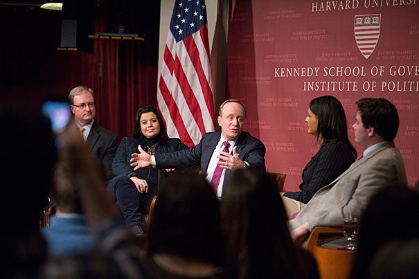 Institute of Politics Director Trey Grayson (from left) moderated a discussion with Ana Navarro, who is a 2013 fall fellow at the IOP; Paul Begala, a Democratic strategist; Karen Finney, a former director of communications for the Democratic National Committee; and Robert Costa, Washington editor for the National Review. 