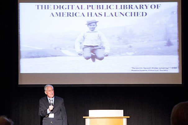 Robert Darnton, Carl H. Pforzheimer University Professor and University Librarian, spoke at the opening reception of the Digital Public Library of America (DPLA) at the Boston Public Library last week (photo 1). David Weinberger of the Harvard Library Innovation Lab (photo 2) explained StackLife, a digital browsing tool developed at Harvard that allows a user to see at a glance the popularity of a given book, to Amanda Page, a library assistant at Countway Library. 