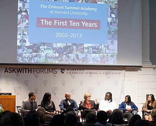 The Crimson Summer Academy marked its 10th anniversary during a special panel discussion at the Askwith Forum, which brought together CSA graduates (photo 1),  CSA founder Clayton Spencer (photo 2), and CSA Director Maxine Rodburg (photo 3).
