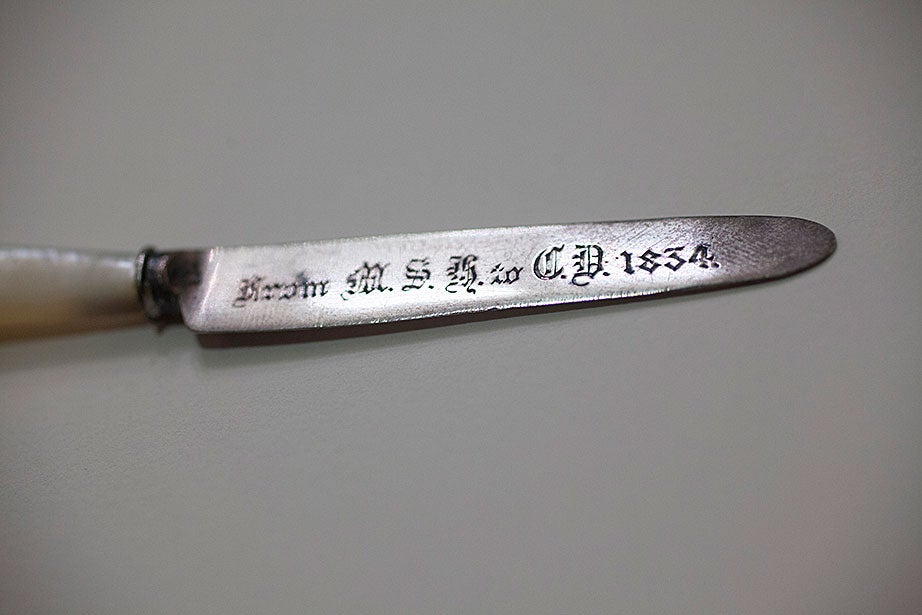 Silver letter opener (paper knife) with pearl handle, formerly belonging to Charles Dickens. (MS Eng 1699, Houghton Library, Harvard University)