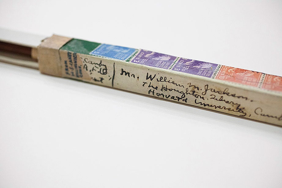 This slipcase box, addressed to Houghton Library in 1947 and pasted with postage stamps, contained an unsharpened John Thoreau pencil from donor (and Henry David Thoreau biographer) Henry Seidel Canby. (MS Am 2696, Houghton Library, Harvard University)